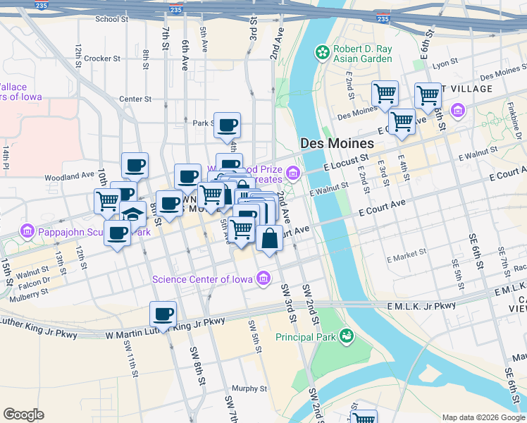 map of restaurants, bars, coffee shops, grocery stores, and more near 216 3rd Street in Des Moines