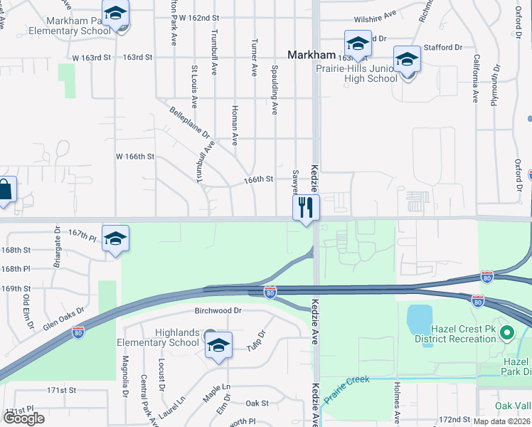 map of restaurants, bars, coffee shops, grocery stores, and more near 3310 West 167th Street in Markham