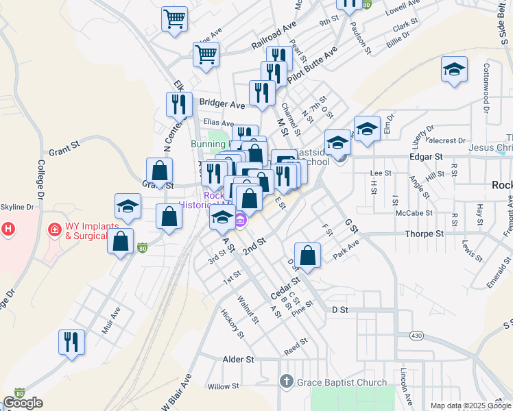 map of restaurants, bars, coffee shops, grocery stores, and more near in Rock Springs