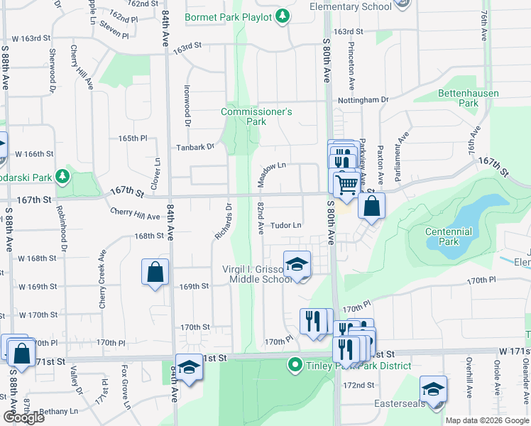map of restaurants, bars, coffee shops, grocery stores, and more near 16736 82nd Avenue in Tinley Park