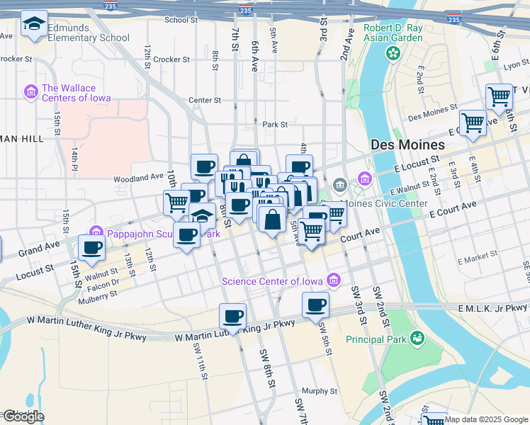 map of restaurants, bars, coffee shops, grocery stores, and more near 699 Walnut Street in Des Moines