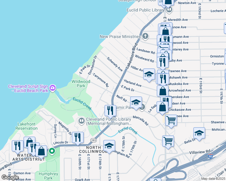 map of restaurants, bars, coffee shops, grocery stores, and more near 17805 Lakeshore Boulevard in Cleveland