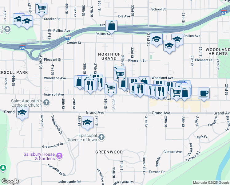 map of restaurants, bars, coffee shops, grocery stores, and more near 536 35th Street in Des Moines