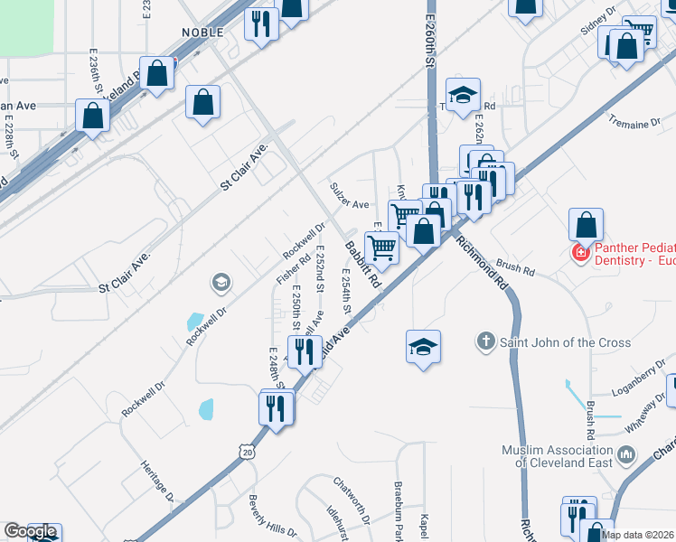 map of restaurants, bars, coffee shops, grocery stores, and more near 1552 East 254th Street in Euclid