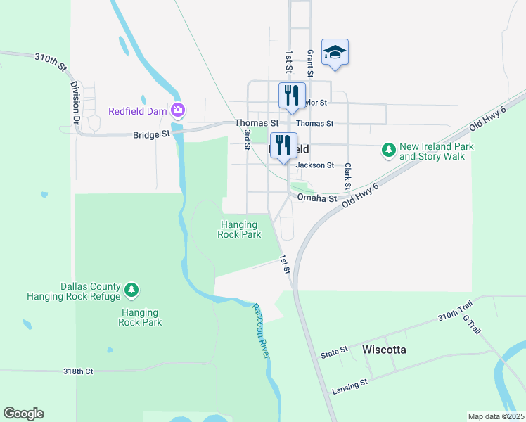 map of restaurants, bars, coffee shops, grocery stores, and more near 513 1st Street in Redfield