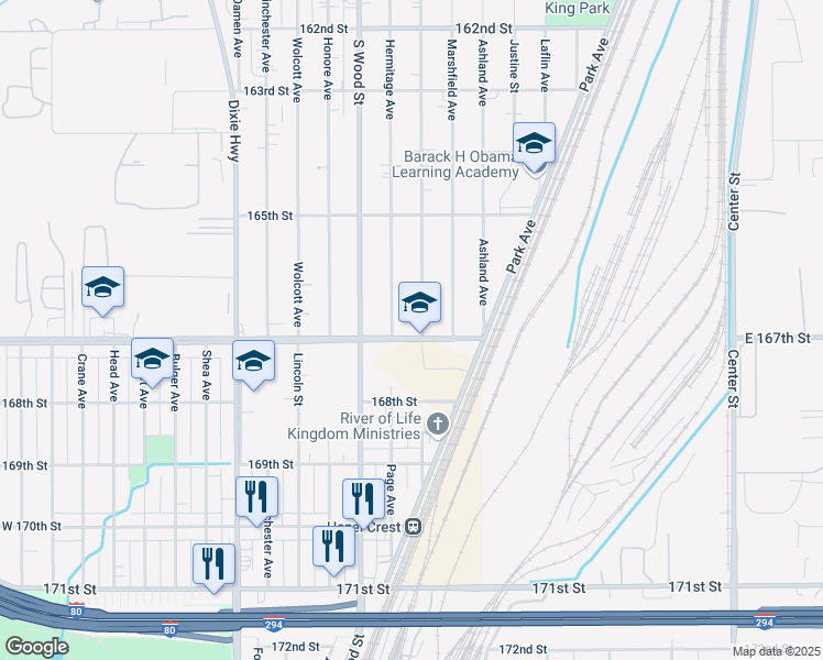 map of restaurants, bars, coffee shops, grocery stores, and more near 1712 West 167th Street in Markham