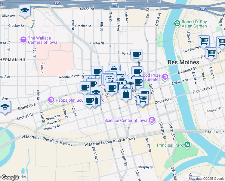 map of restaurants, bars, coffee shops, grocery stores, and more near 717 Locust Street in Des Moines
