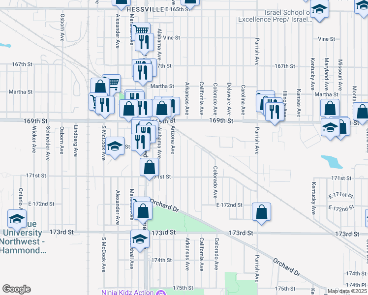 map of restaurants, bars, coffee shops, grocery stores, and more near 7015 Arizona Avenue in Hammond
