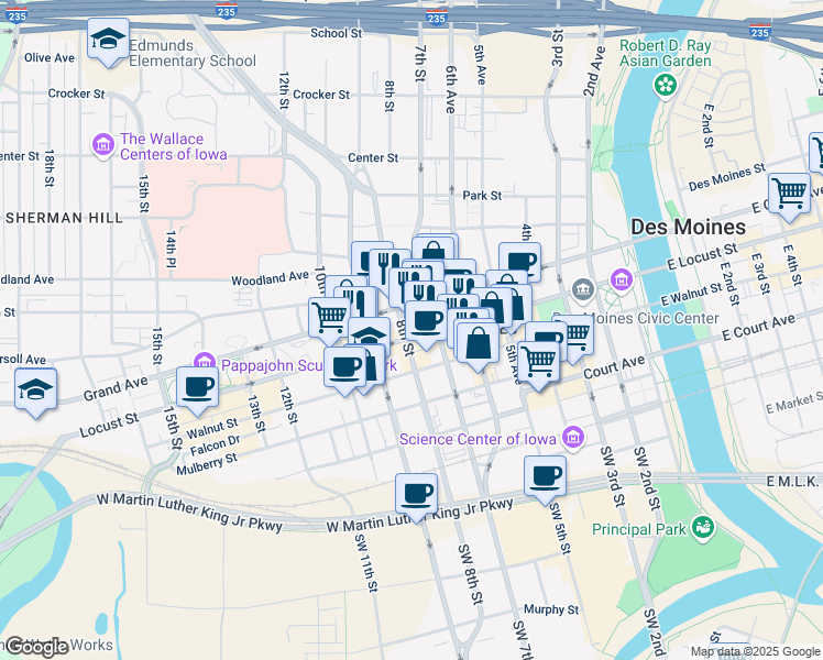 map of restaurants, bars, coffee shops, grocery stores, and more near 317 8th Street in Des Moines