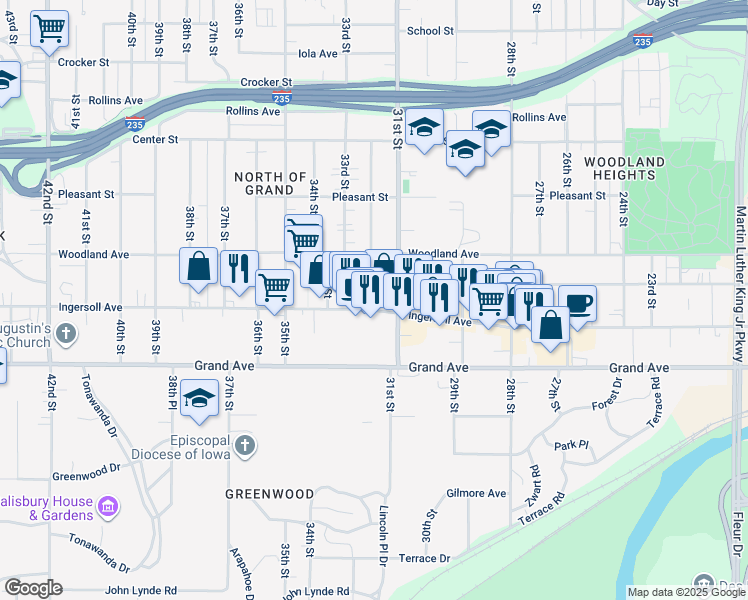 map of restaurants, bars, coffee shops, grocery stores, and more near 3116 Ingersoll Avenue in Des Moines