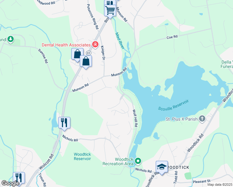 map of restaurants, bars, coffee shops, grocery stores, and more near 14-98 Wolf Hill Road in Wolcott