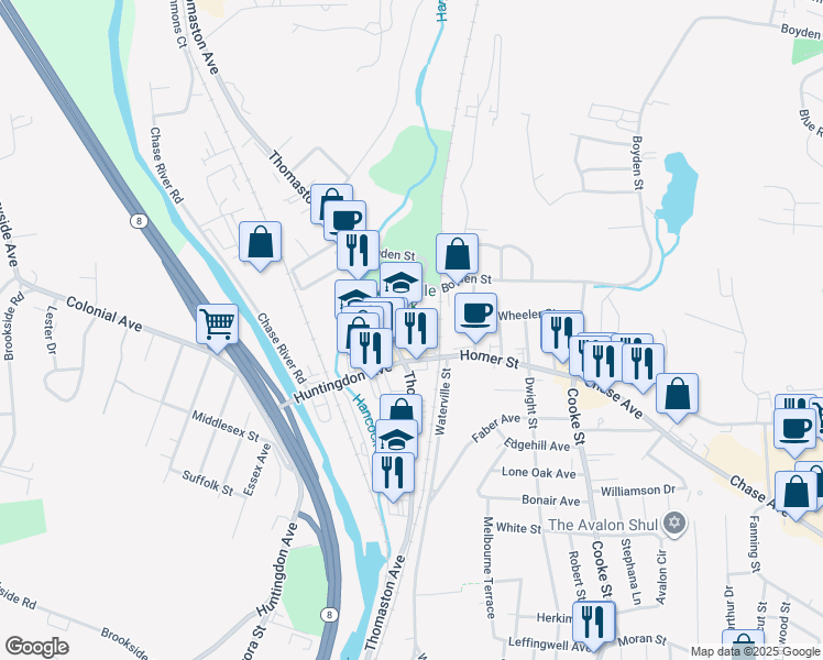 map of restaurants, bars, coffee shops, grocery stores, and more near 12 Patterson Court in Waterbury