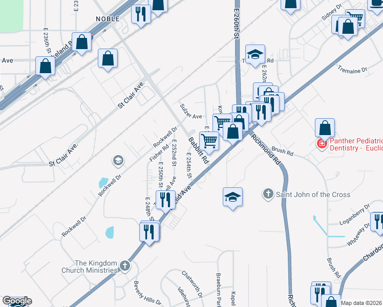 map of restaurants, bars, coffee shops, grocery stores, and more near 1552 East 254th Street in Euclid