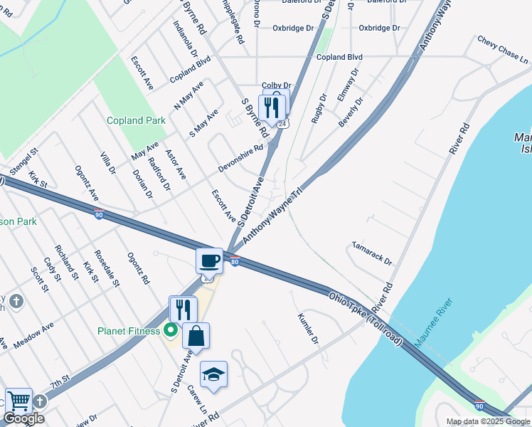 map of restaurants, bars, coffee shops, grocery stores, and more near 3318 Bampton Avenue in Toledo