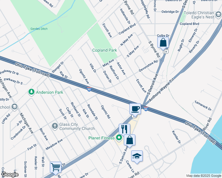 map of restaurants, bars, coffee shops, grocery stores, and more near 3231 Dorian Court in Toledo
