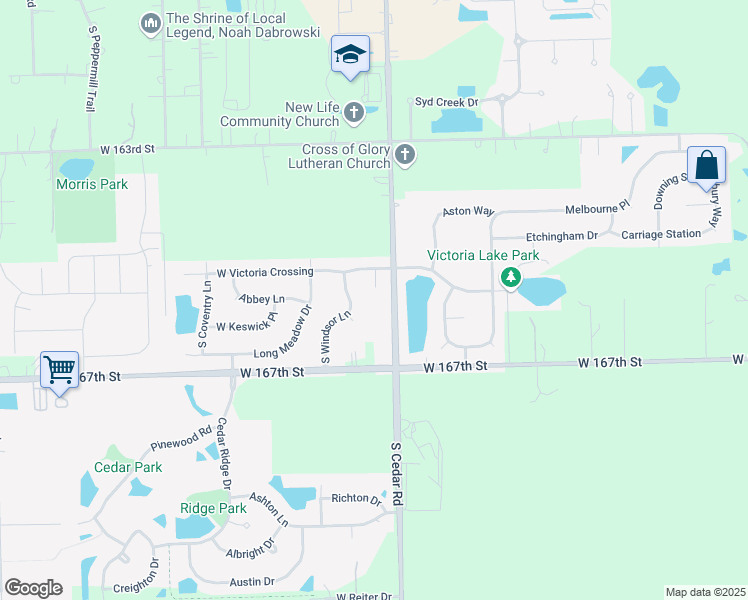 map of restaurants, bars, coffee shops, grocery stores, and more near 16555 South Windsor Lane in Lockport