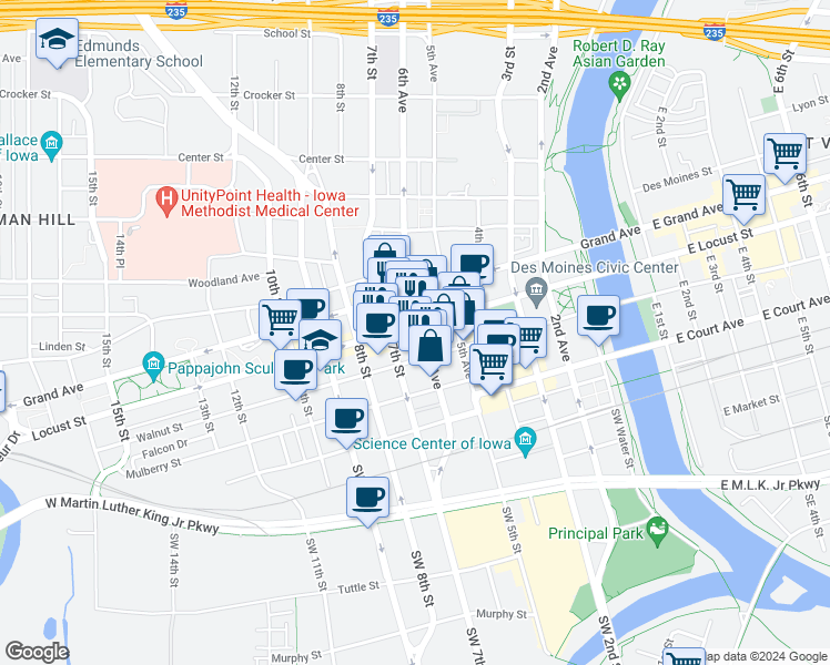 map of restaurants, bars, coffee shops, grocery stores, and more near 699 Walnut Street in Des Moines