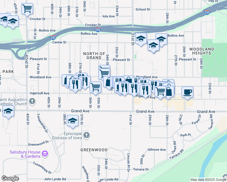 map of restaurants, bars, coffee shops, grocery stores, and more near 3228 Ingersoll Avenue in Des Moines