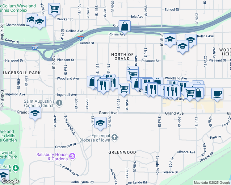 map of restaurants, bars, coffee shops, grocery stores, and more near 3612 Ingersoll Avenue in Des Moines