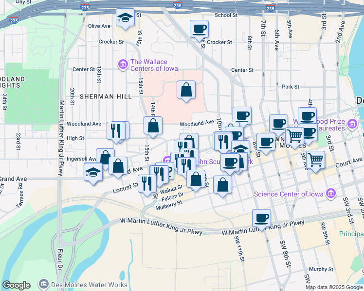map of restaurants, bars, coffee shops, grocery stores, and more near 1331 Grand Avenue in Des Moines