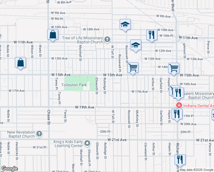 map of restaurants, bars, coffee shops, grocery stores, and more near 1700 Rutledge Street in Gary
