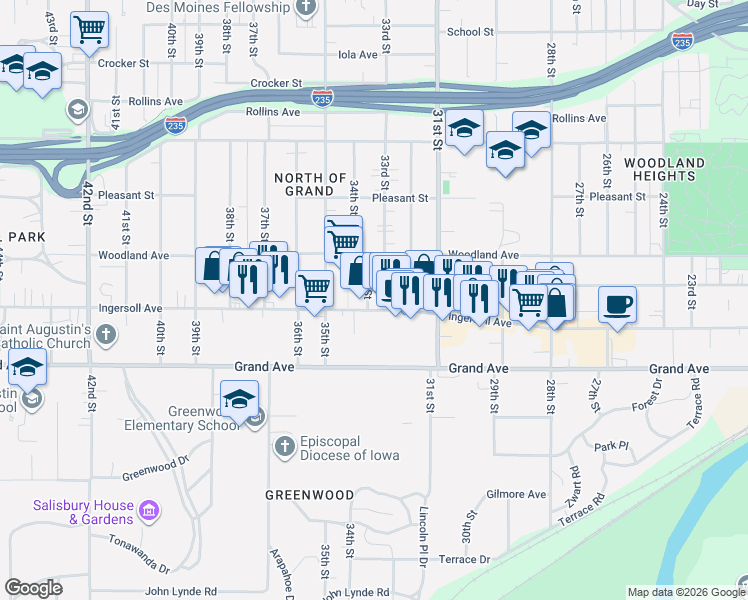 map of restaurants, bars, coffee shops, grocery stores, and more near 3228 Ingersoll Avenue in Des Moines