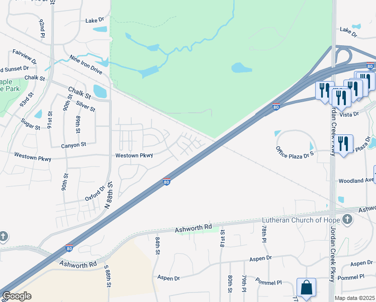 map of restaurants, bars, coffee shops, grocery stores, and more near 8302 Westown Parkway in West Des Moines