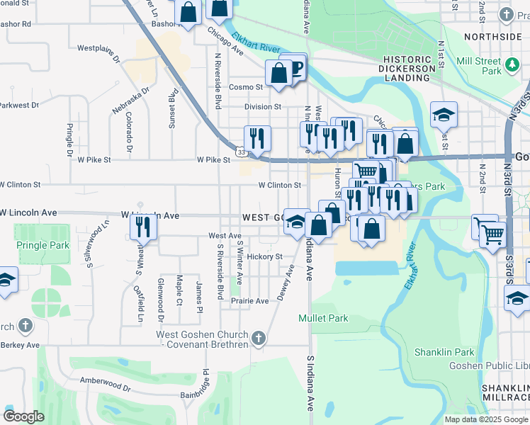 map of restaurants, bars, coffee shops, grocery stores, and more near 1115 West Avenue in Goshen
