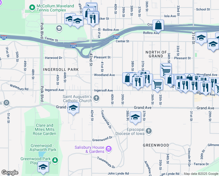 map of restaurants, bars, coffee shops, grocery stores, and more near 4018 Ingersoll Avenue in Des Moines