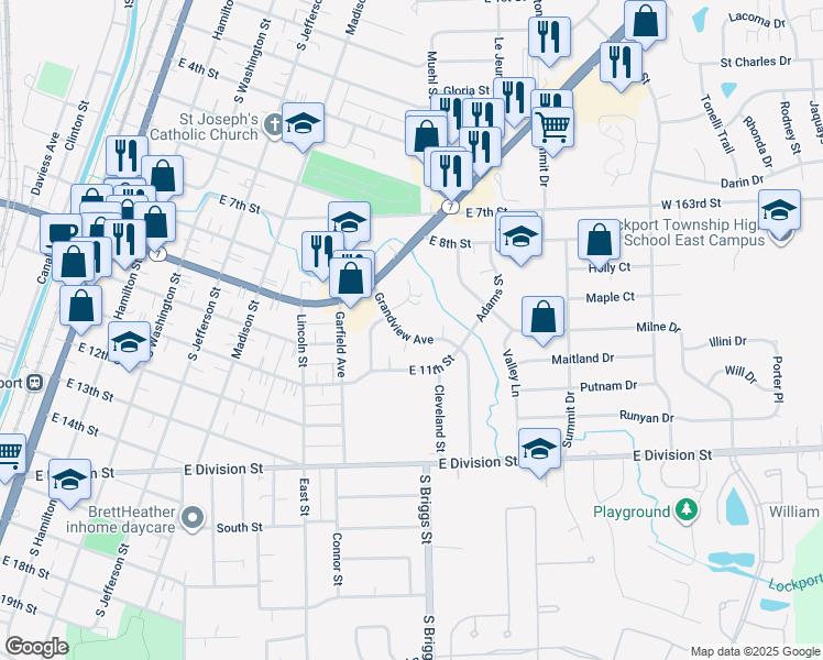 map of restaurants, bars, coffee shops, grocery stores, and more near 1041 Grandview Avenue in Lockport