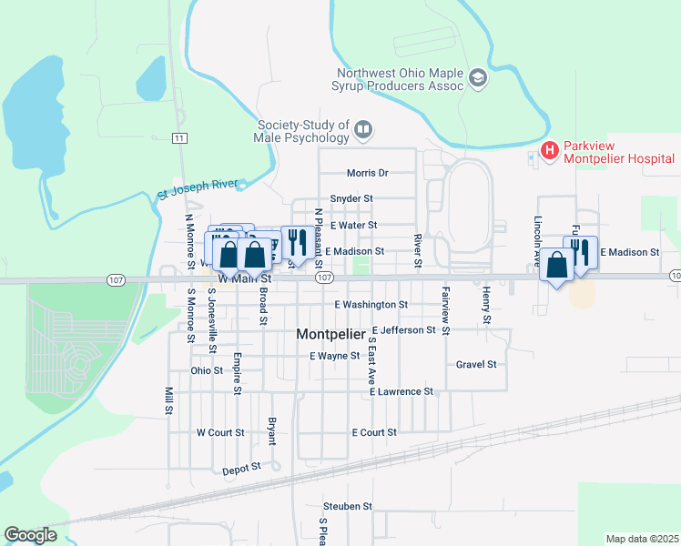 map of restaurants, bars, coffee shops, grocery stores, and more near 108 South Harrison Street in Montpelier