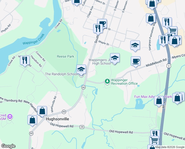 map of restaurants, bars, coffee shops, grocery stores, and more near 4 Middlebush Road in Wappingers Falls