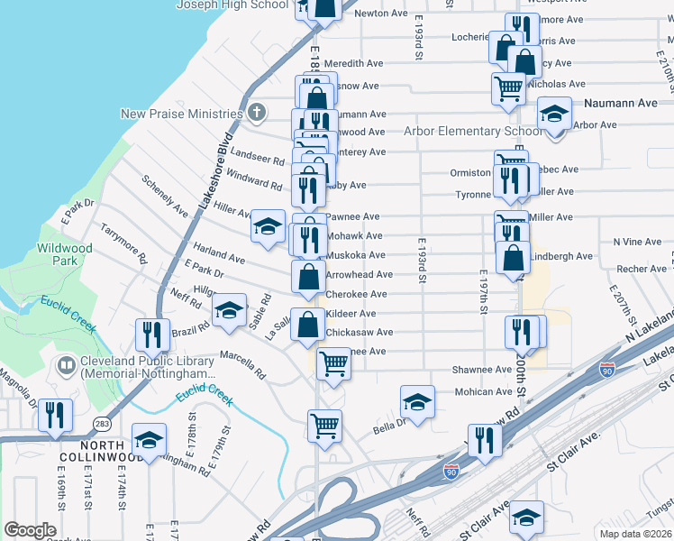 map of restaurants, bars, coffee shops, grocery stores, and more near 18519 Cherokee Avenue in Cleveland