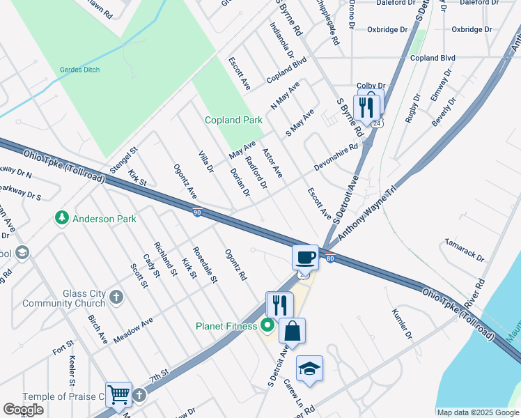 map of restaurants, bars, coffee shops, grocery stores, and more near 3231 Dorian Court in Toledo