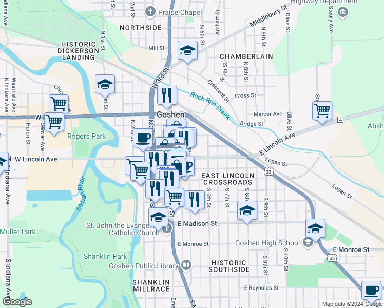 map of restaurants, bars, coffee shops, grocery stores, and more near 109 South 5th Street in Goshen