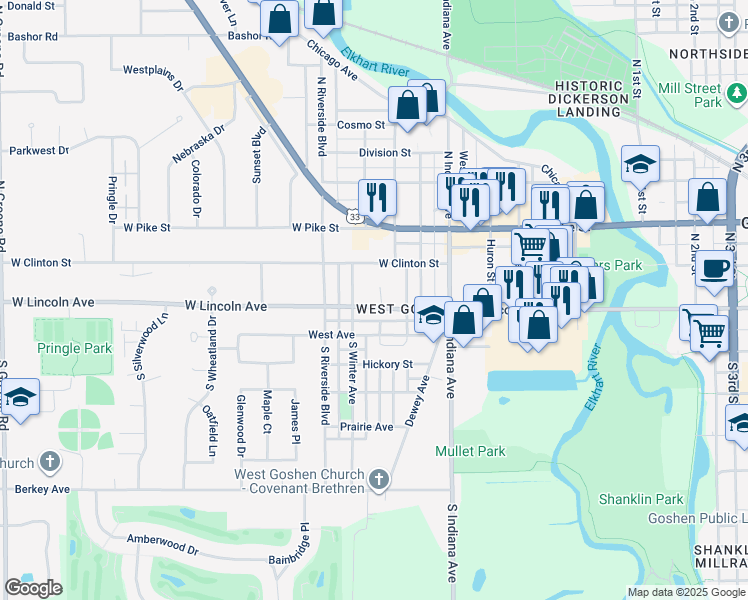 map of restaurants, bars, coffee shops, grocery stores, and more near 1115 West Avenue in Goshen