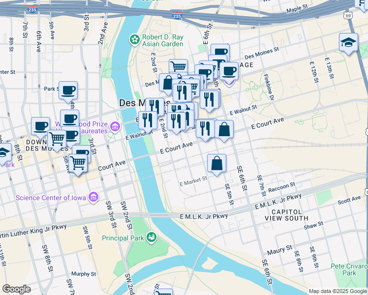 map of restaurants, bars, coffee shops, grocery stores, and more near 133 East 2nd Street in Des Moines