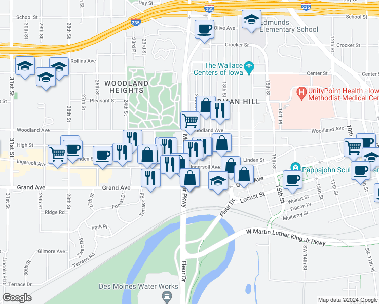 map of restaurants, bars, coffee shops, grocery stores, and more near in Des Moines
