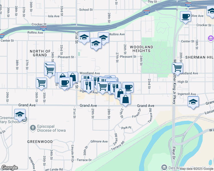 map of restaurants, bars, coffee shops, grocery stores, and more near 2819 Ingersoll Avenue in Des Moines