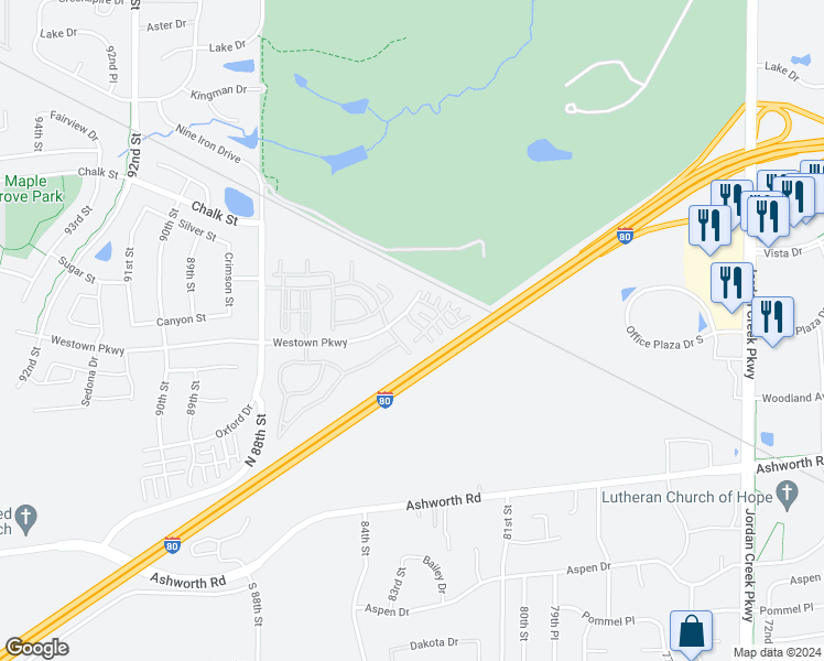 map of restaurants, bars, coffee shops, grocery stores, and more near 8602 Westown Parkway in West Des Moines