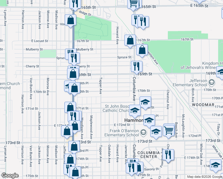 map of restaurants, bars, coffee shops, grocery stores, and more near 1033 170th Street in Hammond