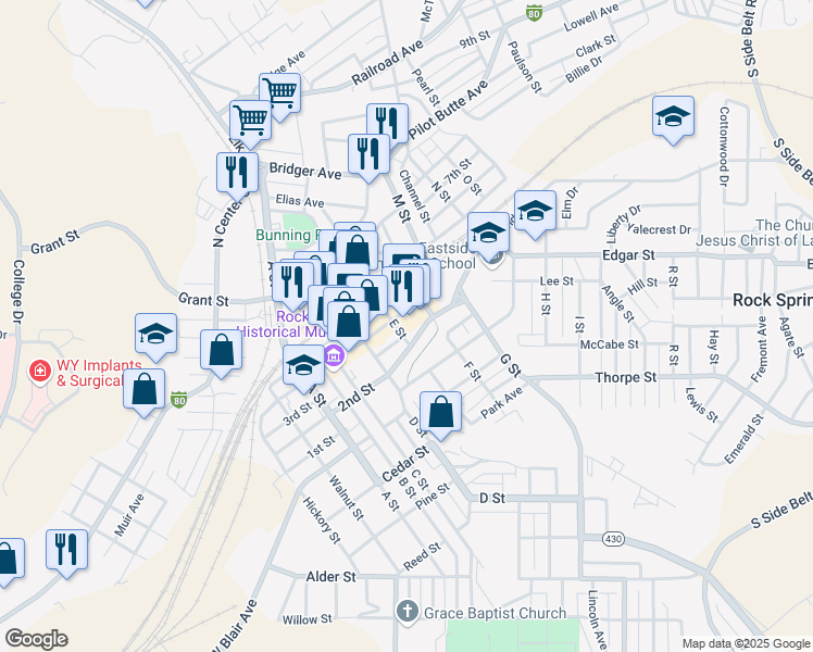map of restaurants, bars, coffee shops, grocery stores, and more near 517 2nd St in Rock Springs