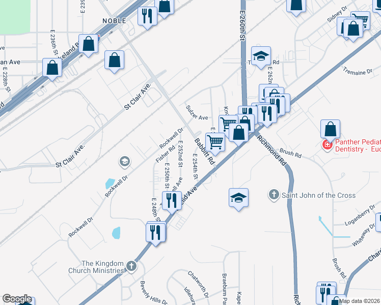 map of restaurants, bars, coffee shops, grocery stores, and more near 1552 East 254th Street in Euclid