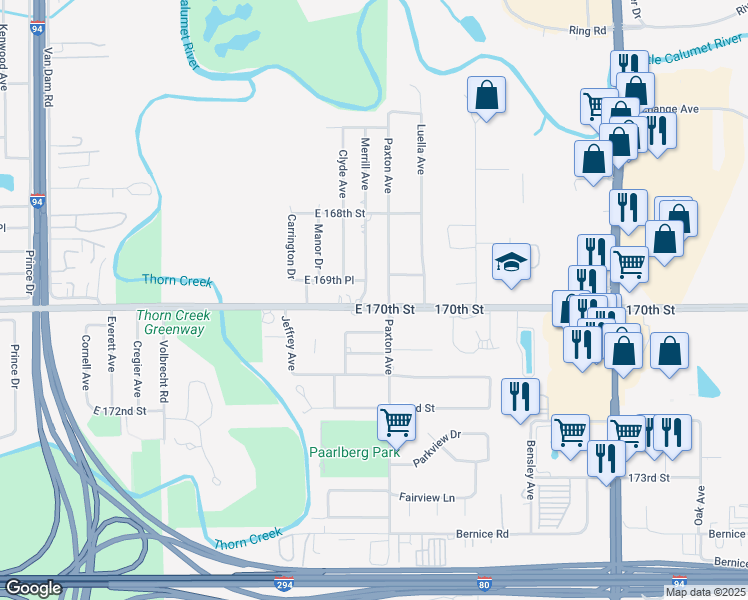 map of restaurants, bars, coffee shops, grocery stores, and more near 1970 East 170th Street in South Holland