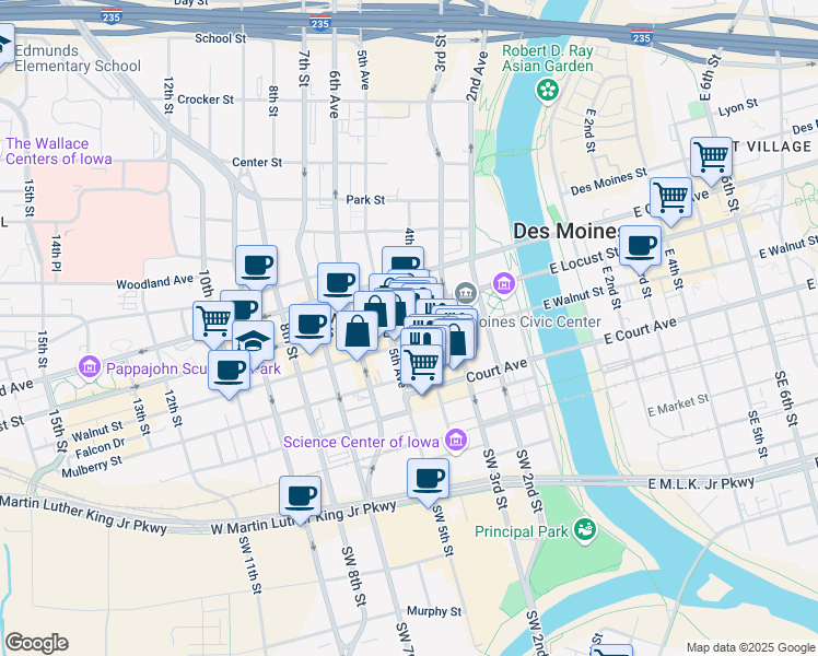 map of restaurants, bars, coffee shops, grocery stores, and more near 400 Walnut Street in Des Moines