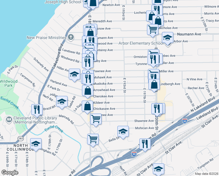 map of restaurants, bars, coffee shops, grocery stores, and more near 18801 Muskoka Avenue in Cleveland