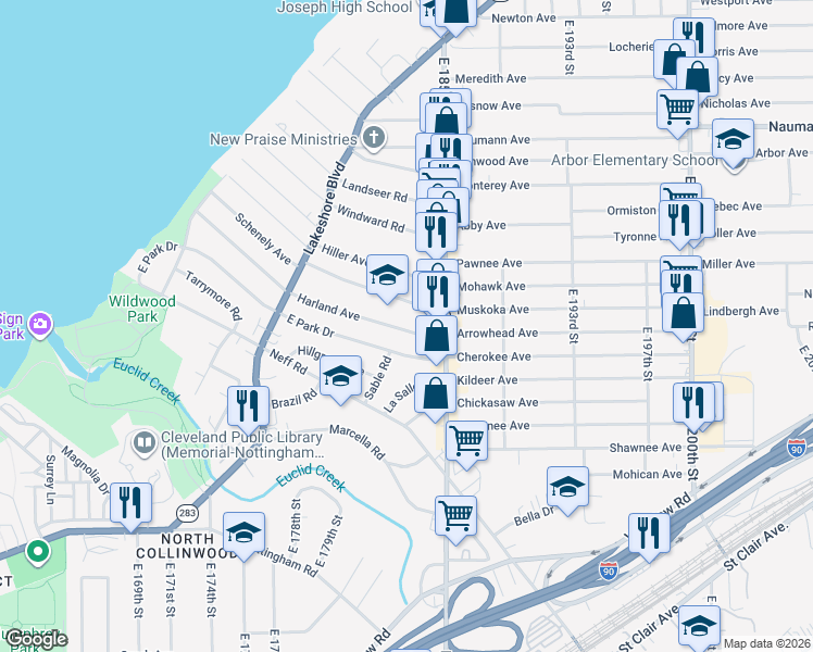 map of restaurants, bars, coffee shops, grocery stores, and more near in Cleveland