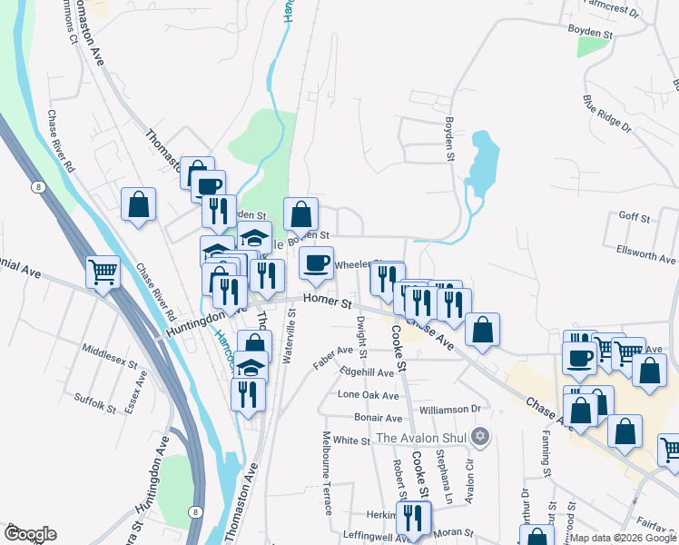 map of restaurants, bars, coffee shops, grocery stores, and more near 30 Wheeler Street in Waterbury