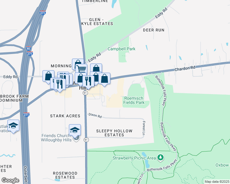 map of restaurants, bars, coffee shops, grocery stores, and more near 35200 Chardon Road in Willoughby Hills