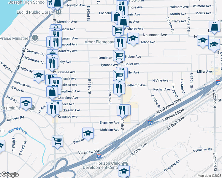 map of restaurants, bars, coffee shops, grocery stores, and more near 19703 Arrowhead Avenue in Cleveland